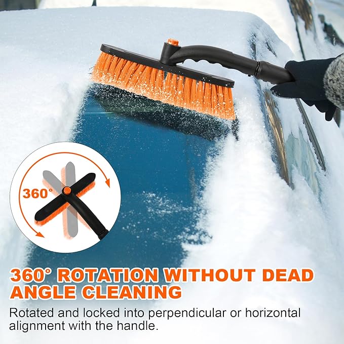 34" Extendable Ice Scrapers for Car Windshield 2-in-1 Snow Brush for Car Snow Scraper for Car Snow Scraper and Drush with Ergonomic Foam Grip for Cars, Trucks, SUV with 360° Pivoting Brush Head Orange