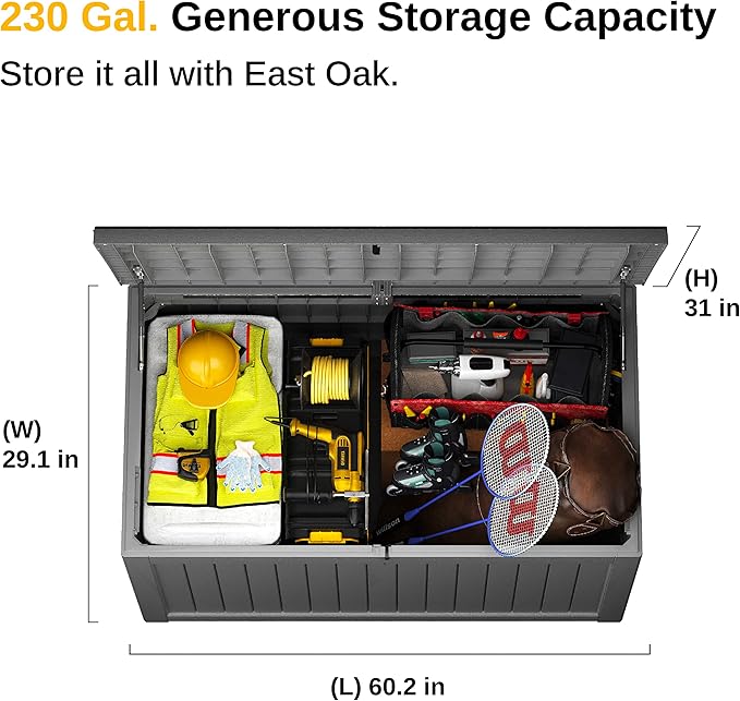 EAST OAK Outdoor Storage Box, 230 Gallon Deck Box,Grey - Lockable, Waterproof, UV-Resistant Large Storage Container for Patio Cushions & Garden Tools.