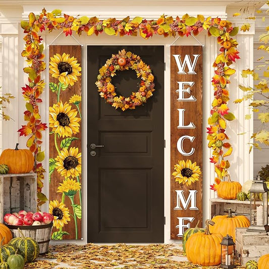 Tatuo Sunflower Welcome Hanging Banners Fall Porch Banners Flags Autumn Door Banner Thanksgiving Hanging Banner for Front Door Garden Home Yard Sunflower Party Decorations(Wood Background)