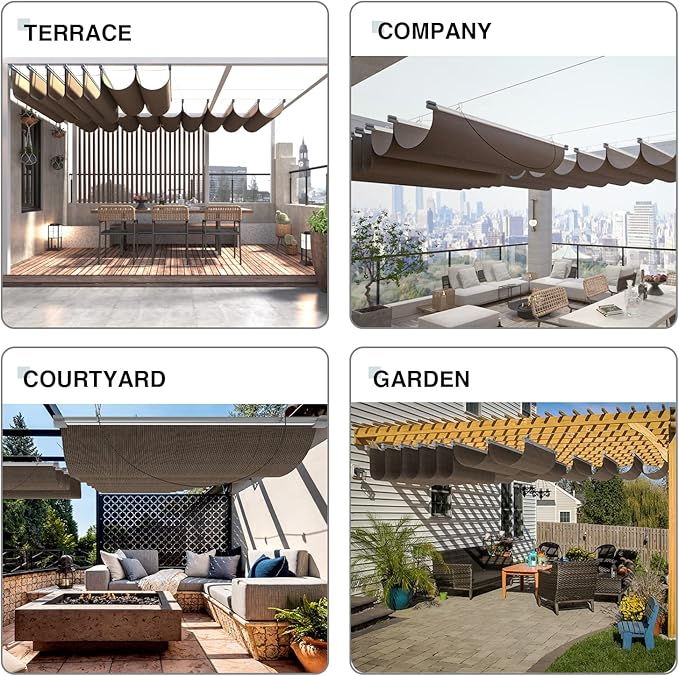 ECOOPTS 7'x14' Retractable Wave Sun Shade Canopy Pergola Cover Shade Sail Awning for Patio Porch Garden Yard Deck Outdoor (Brown)