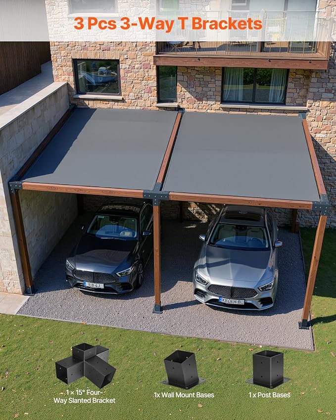 VEVOR Pergola Kit, 4x4 Inch 4-Way Slanted Bracket for 3.5x3.5 Inch Wood Beams in Actual Size, Carbon Steel Pergola Bracket with Post Base and Wall Mount Base, for Outdoor Pergolas, Gazebos, Sheds