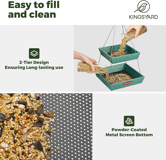 Kingsyard 2 Tier Platform Bird Feeder for Outdoors Hanging, Recycled Plastic Flat Bird Feeder Tray with Large Capacity 5 lbs, Garden Decoration Attracting Wildbirds, Green