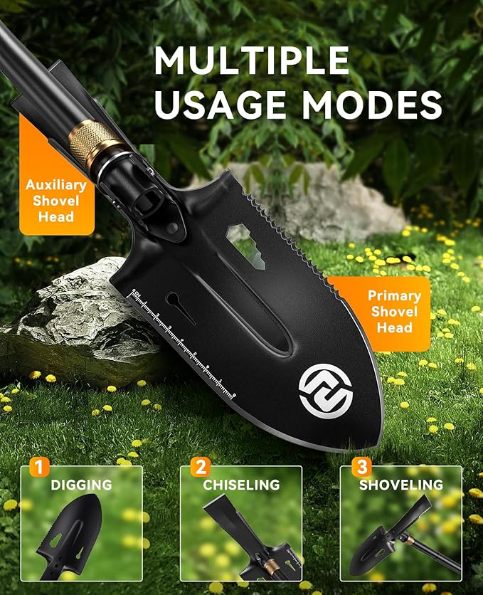 SUNPOW Shovels for Digging, Camping Shovel, Portable Shovel for Gardening, Digging, Metal Detecting, Hiking, Car Emergency - Multifunctional Lightweight Outdoor Shovel