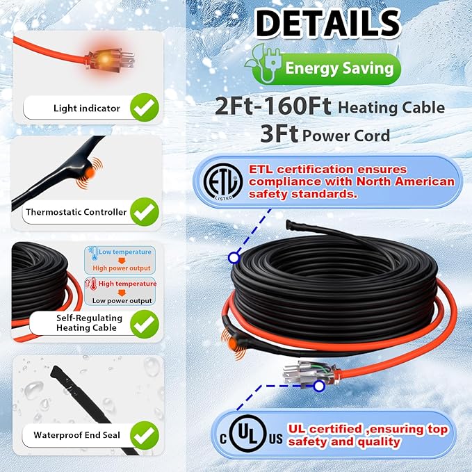 HEATIT 12ft Self-Regulating Pipe Heating Cable, Heat Tape for PVC Pipe Heater, Heat Trace Cable for Pipes, Thermostat control, Keeps Water Flowing at -40°F, ETL Listed, 120V 3W/FT