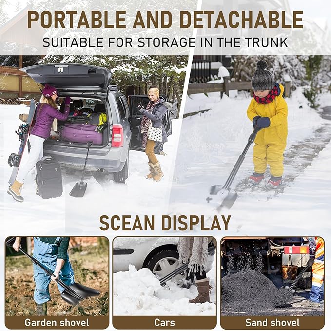 40" Folding Emergency Snow Shovel for Car, Black Aluminum Multi-purpose Shovel with Comfortable D-Grip Handle
