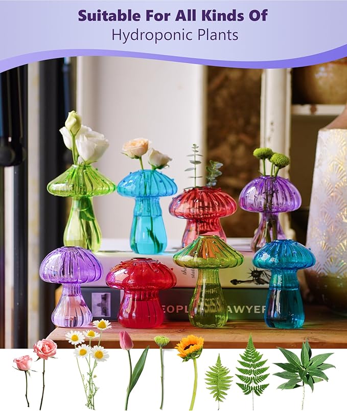 Nacome Mushroom Glass Propagation Station for Plants: Set of 8 Colored Vases Terrarium Kit for Home Office Indoor Hydroponics Decor - Birthday Gifts for Women Mom Grandma