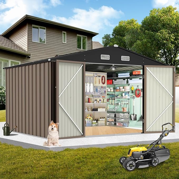 Garvee 10×8FT Outdoor Storage Shed, Metal Waterproof Garden Storage Shed Galvanized Steel Utility Tool Shed with Lockable Doors & Vents, All-Weather Shelter for Bike/Kids Car/Mowers/Tool, etc. Brown