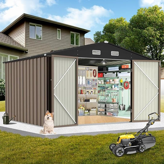 Garvee 10×8FT Outdoor Storage Shed, Metal Waterproof Garden Storage Shed Galvanized Steel Utility Tool Shed with Lockable Doors & Vents, All-Weather Shelter for Bike/Kids Car/Mowers/Tool, etc. Brown