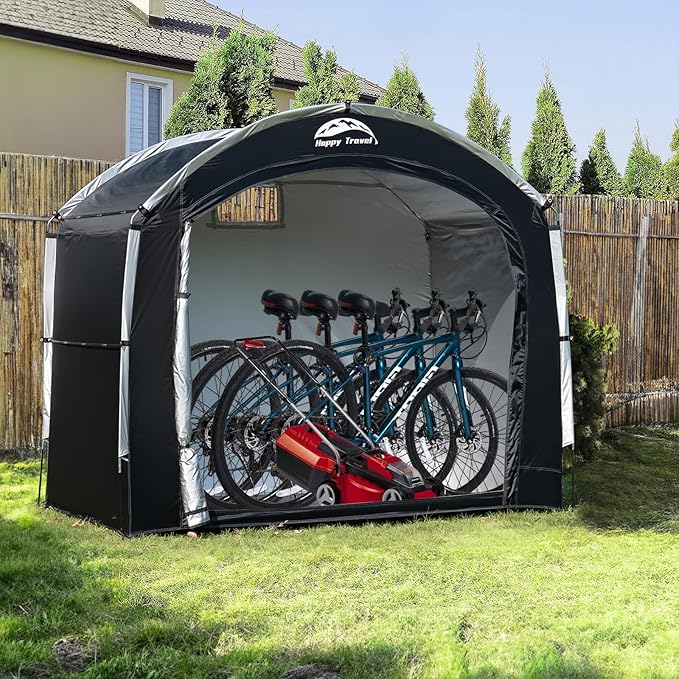 Happy Travel Bike Storage Tent Shed, Outdoor Waterproof Bicycle Covers Shelter with Window for 2/4/6/8 Bikes,Oversized Outside Portable Sheds for Lawn Mower,Garden Tools (Black)