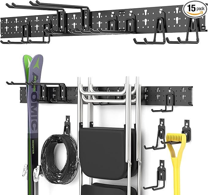 Ultrawall Garage Storage Organization, Versatile Storage Hooks Garden Tool Organizer Wall Mount, 48 Inch Yard Tool Organizer Hangers for Shovels, Rakes, Ladders, 15pcs Black