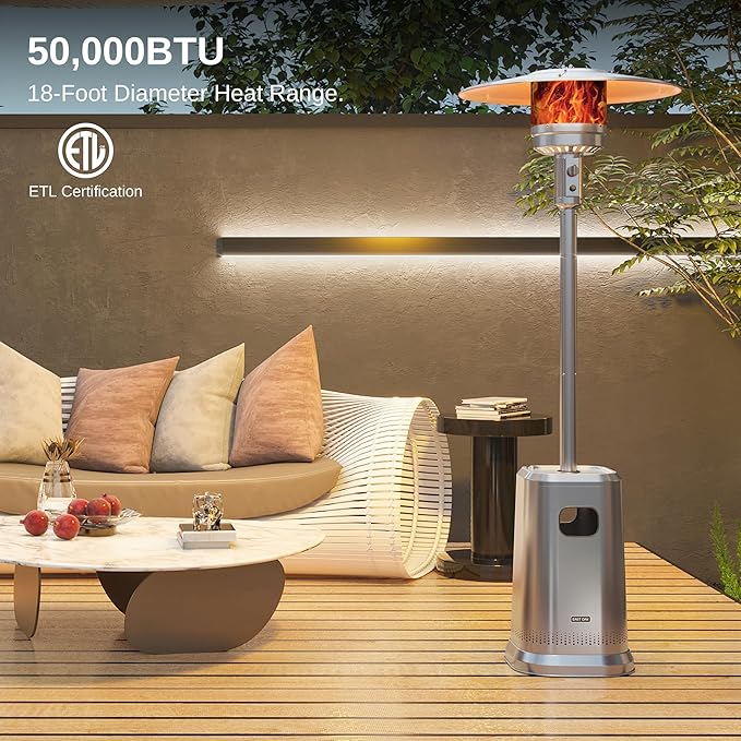 EAST OAK 50,000 BTU Patio Heater for Outdoor Use with Double-Layer Stainless Steel Burner, Square Round Table Design and Wheels, Propane Patio Heater for Home and Commercial, Stainless Steel