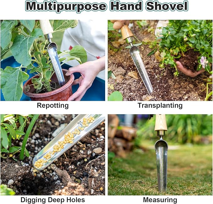 Berry&Bird Seeding Widger,Stainless Steel Seed Dibber Tool with Measuring Scale,Wooden Handle Garden Bulb Trowel for Seed Planting Tool Hand Shovel Planter Transplanter Dibber Soil Digginng