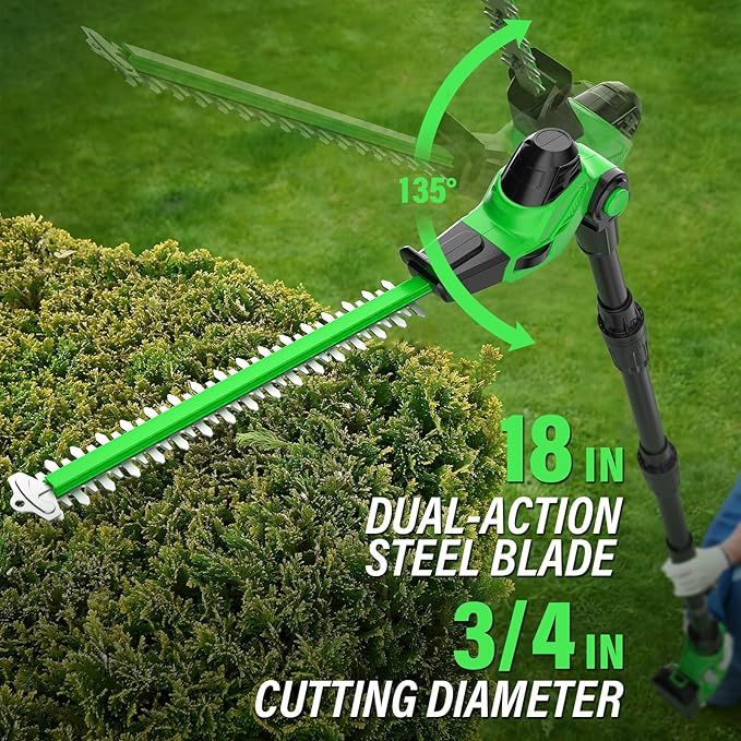 SOYUS Pole Hedge Trimmer Cordless, 18-inch Electric Hedge Trimmer with Extension Pole, 15-Foot Max Reach, Multi-Angle, 2.0Ah Battery and Charger Included