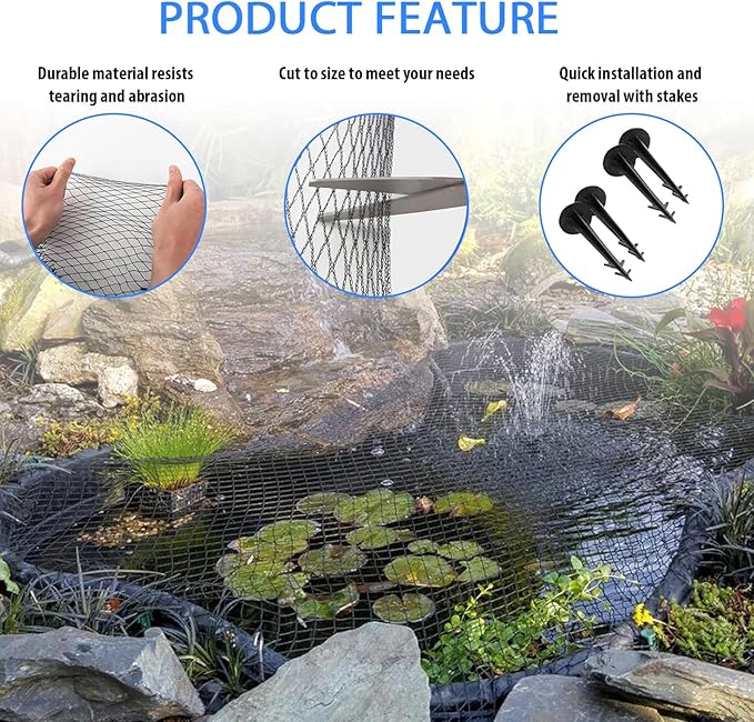Koi Pond Netting Kit 28 x 30 ft,Black Pond Netting for Koi Ponds Heavy Duty Woven Pond Net for Leaves Reusable Pool Protective Cover Netting Protecting Koi Fish from Birds, Cats and Predators