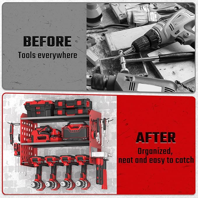 SPACECARE Power Tool Organizer, Drill Holder Wall Mount with 2 Side Pegboards with Hooks, 3 Layer Garage Organization Heavy Duty Tool Organizers Utility Rack for 4Drill Holders Red