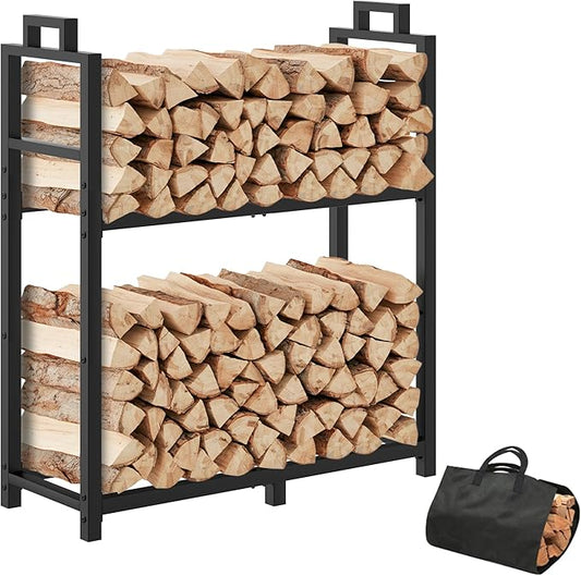 30 Inch Firewood Rack with Log Carrier Bag, Indoor Double-layer Fire Wood Holder with handles, Metal Heavy Duty Log Holder, Rustproof Firewood Storage Tool for Fireplace Patio Deck