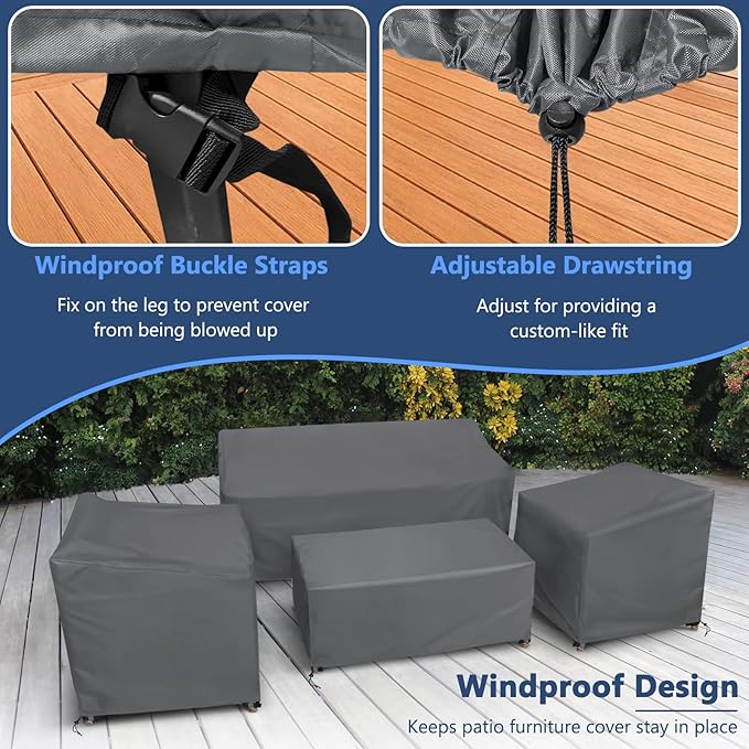 STARTWO Outdoor Furniture Cover Waterproof, 4 Piece Patio Furniture Set Cover for Outside Couch, Lawn Chairs, Coffee Table, Windproof with Buckle Strap, Grey