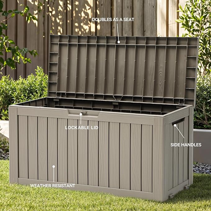 YITAHOME 72 Gallon Outdoor Storage Box w/Wheels, Resin Deck Box Indoor & Outdoor Patio Storage Box for Throw Pillows, Athletic Gear, Yard (Light Brown)