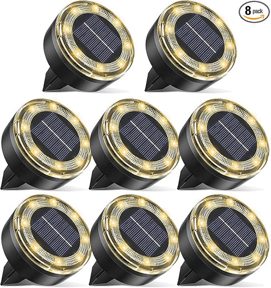 Mini Outdoor Solar Lights๏ผ8 Pack Solar Garden Light for Outside IP65 Waterproof, 8 LED Disc Landscape Lighting for Garden Yard Driveway Walkway Poolside Deck Lawn Patio๏ผWarm White