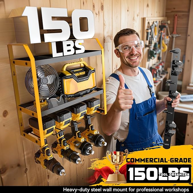 Power Tool Organizer Wall Mount with Broom Holder Combo, Yellow & Black 3-Tier Garage Storage Rack with Battery Storage, 4 Drill Holder Slots, Heavy Duty Steel 150LB Capacity