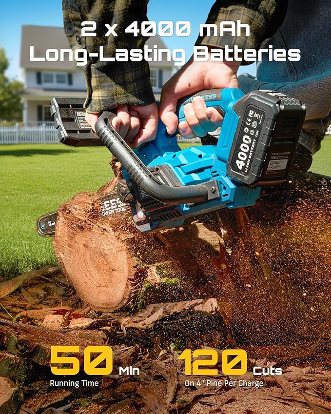 SEESII Electric Chainsaw Cordless 12-inch: Brushless Battery Powered Chainsaw, Includes 2 x 4.0Ah Batteries, Auto-Tension and Oiling Chain Saw for Dad Husband Father Day Gifts, Tree Cutting Trimming