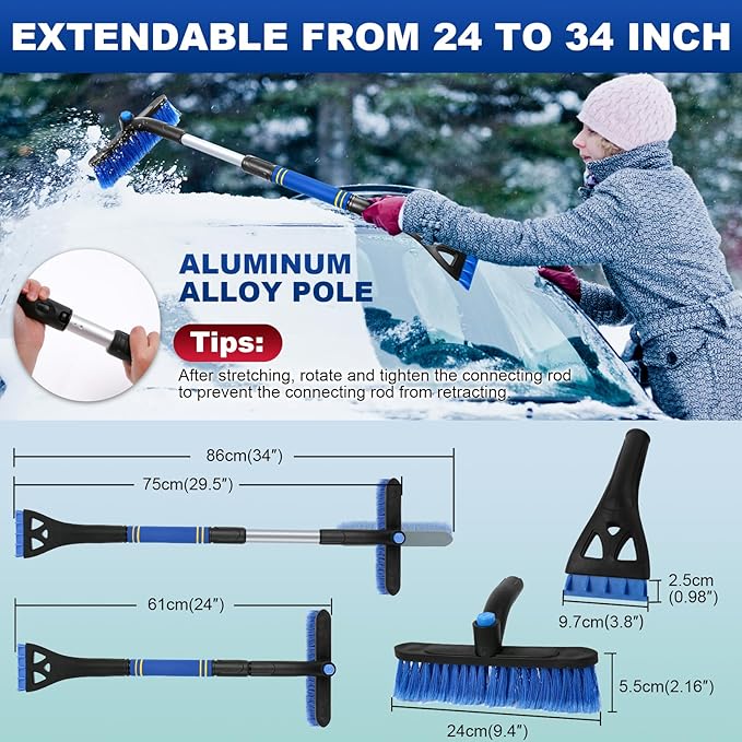 2PCS Ice Scrapers for Car Windshield, 2-in-1 Snow Scraper and Snow Brush for Car SUV Truck, Car Ice Windshield Scraper for Ice and Snow with 360° Pivoting Brush and Ergonomic Foam Grip Blue