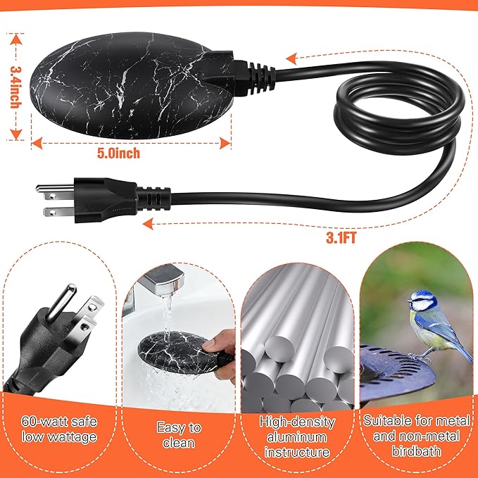 1 Pack Upgrade Bird Bath Heater for Outdoors in Winter, Pond Deicer 60 Watts Birdbath Deicer Water Heater Thermostatically Controlled with Auto Shut off Function for Patio Lawn (Marble Black)
