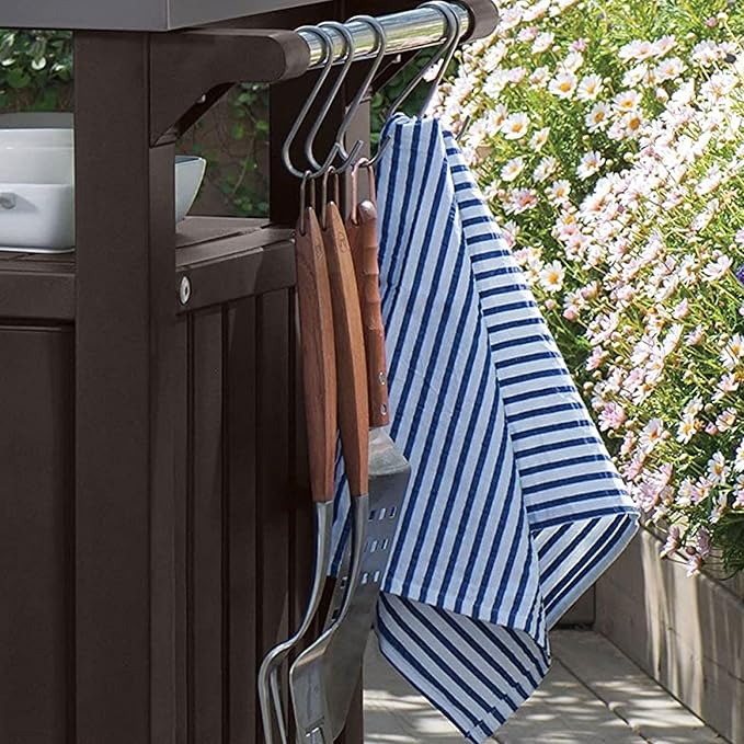 Keter Outdoor Grill Prep Table & Serving Cart, Stainless Steel Top, Unity, 40 Gal, Brown - Portable Bar Table and Cooking Accessory for Pool, Patio, Lawn, and Backyard