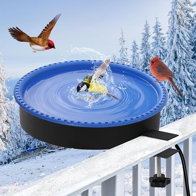 2 in 1 Heated Bird Bath for Outdoors for Winter,75W Bird Bath Heater with Thermostatically Controlled,Heated Bird Bath for Deck Railing for All Seasons Outdoor Garden Yard Patio Lawn(Blue)