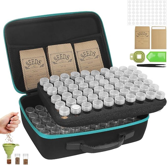 120 Slots Seed Storage Box with 25 Envelopes and Tools, Large Sturdy Storage Organizer for Garden Plant Seeds, Seed Bank with Zipper, Label, Funnel, Tweezers, Tray (Seeds Not Included)
