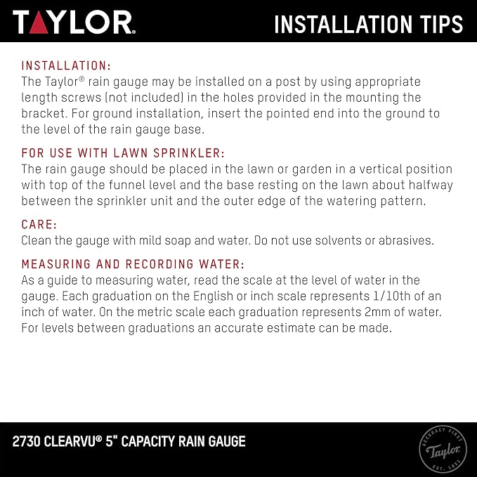 Taylor 2730 ClearVu Rain Gauge with Post Mounting Bracket, Measure and Monitor Precipitation, Easy to Read for Backyard, Patio, Garden, and Lawn, 5-inch, Clear