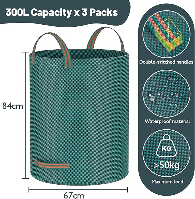 Mokani Reusable Yard Waste Bags, 79 Gallon Lawn and Leaf Bags 3 Packs, Heavy Duty Garden Bags With Reinforced Handles, Camping Yard Recycling Leaf Bag for Leaves