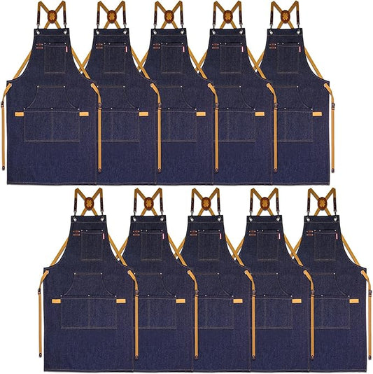 10 Pack Kitchen Aprons, Work Apron, Canvas, Multiple Pockets, Gardening, Painting, BBQ, Artist, Carpenter, Sizes M to XXL, Denim