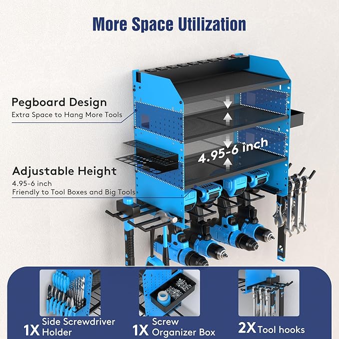 Heavy Duty Power Tool Organizer Wall Mount with Charging Station, 4 Layer Garage Storage Adjustable Shelves Height, Holds 4 Drills, 2 Hooks, Screw & Screwdriver box, Gifts for Fathers Day, Anniversary