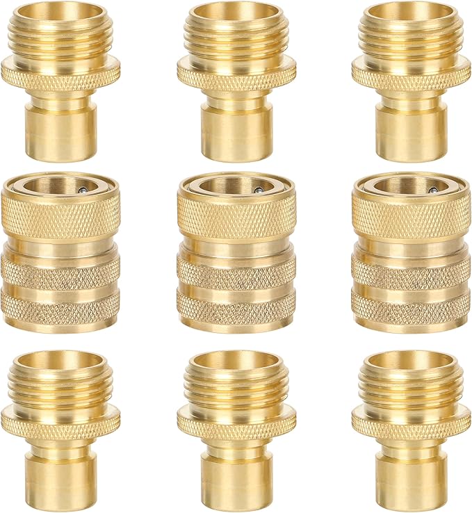 STYDDI Brass Garden Hose Quick Connect Fittings with Water Stop, Solid Brass Hose Quick-Connect Fittings with Auto Shut-off, 3/4 Inch GHT Thread Garden Hose Quick Connector Adapters, 3 Female + 6 Male