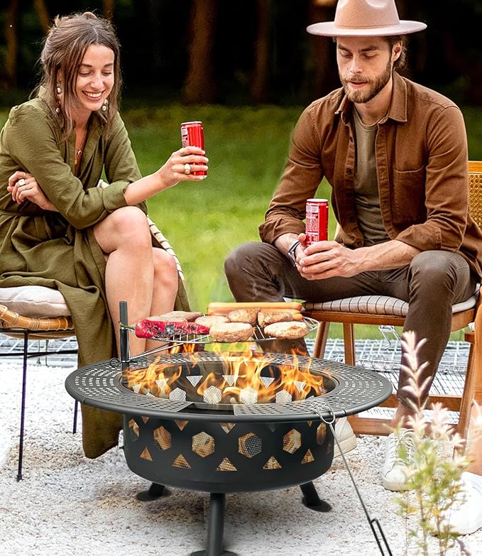 Bettermade 32 Inch Outdoor Fire Pit, 2-in-One Large Camping Fire Pits for Outside with Cooking Grill and Fire Poker, Wood Burning Firepit for BBQ,Warm up, Patio, Bonfire, Camping, Picnic.