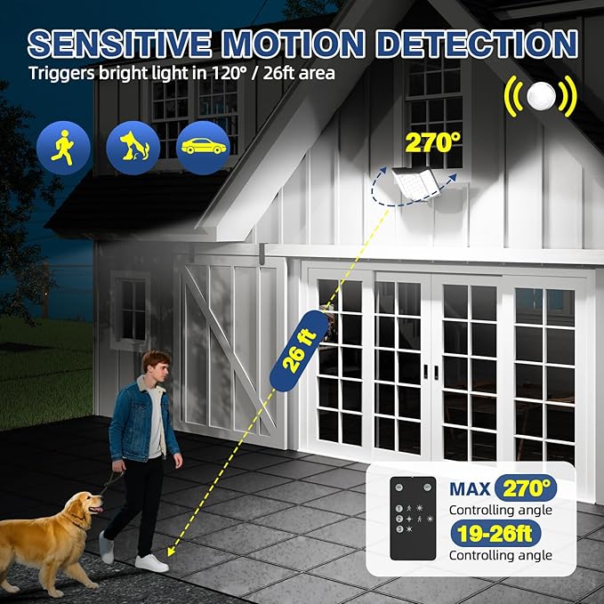 Solar Flood Lights Outdoor Waterproof, 2-Pack 186 LED Solar Wall Light Outside 2500LM, 3 Modes Remote Control with Motion Sensor, Dusk to Dawn Luces Solares, IP65 for Yard, Patio, Garden, Garage