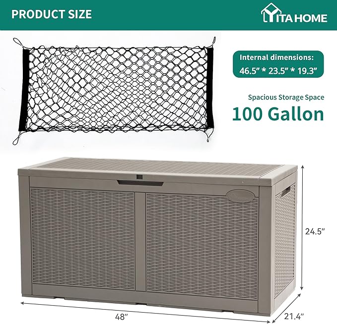 YITAHOME 100 Gallon Large Deck Box Upgrade Resin Outdoor Storage Boxes, Waterproof Patio Cushion Storage Bench for Patio Furniture, Pillows, Pool Supplies, Garden Tools- Rattan,Lockable (Light Brown)