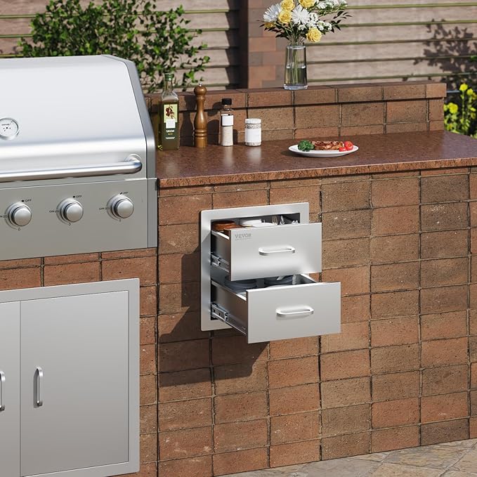 VEVOR Outdoor Kitchen Cabinets 14W x 14.3H x 23D Inch, BBQ Island Drawers Stainless Steel, Flush Mount Double with Handle, BBQ Island for Outdoor Kitchens or Grill Station