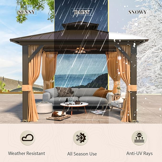 YOLENY 10' x 10' Hardtop Gazebo, Metal Gazebo with Aluminum Frame, Double Galvanized Steel Roof, Curtains and Netting Included, Pergolas for Patios, Garden, Parties, Lawns