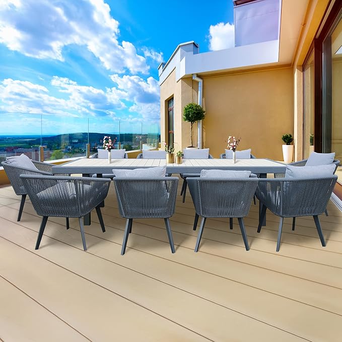 11 Pieces Patio Dining Set, All in One Wicker Furniture Set with Cushions, 10 Aluminum Frame Chairs and 1 Rectangle Table, Lighter Grey