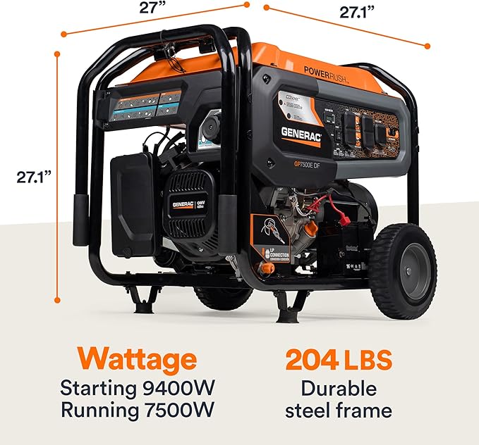 Generac 9,400/7,500-Watt Dual Fuel Portable Generator - Electric Start - Gas or Propane Powered - Home Backup or Jobsite - Quiet, Long Runtime, Emergency Power - 49-State Compliant