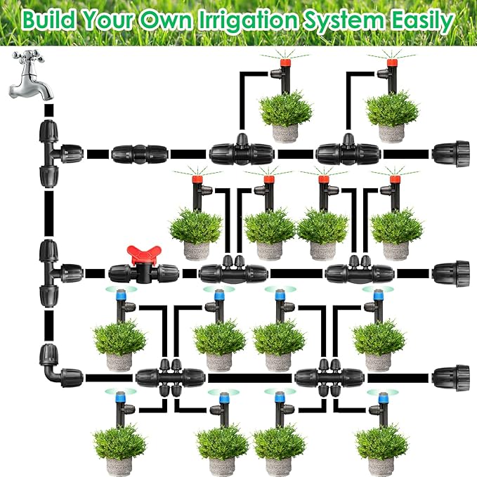 JAYEE Drip Irrigation Fittings Kit for 1/2 Inch Tubing, 22 Pcs Drip Line Parts Locked Nut for Sprinkler System - 3 Tee, 3 Coupling, 3 Elbow, 3 End Closure Plug, 2 Switch Valve, 8 Reducing Connectors