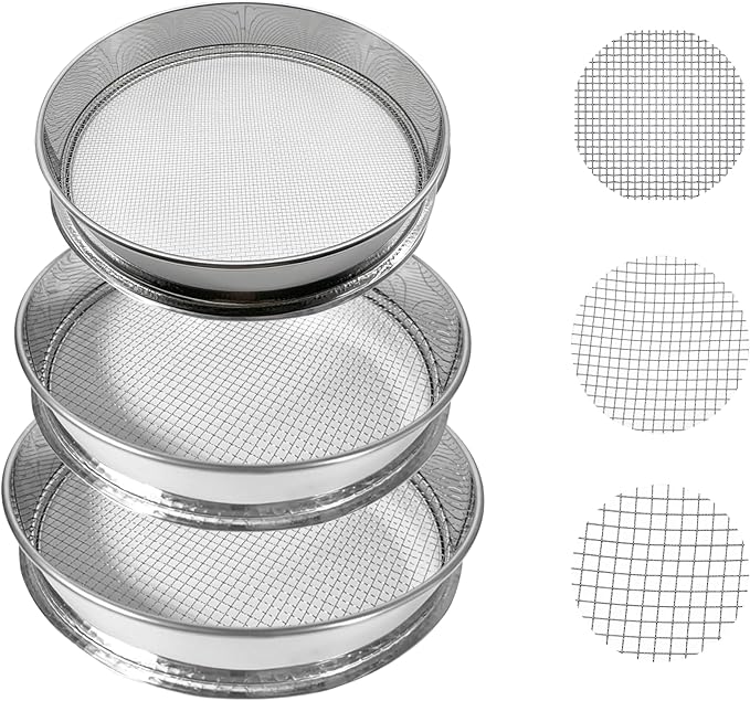 3PCS Soil Sifter Set with 0.04”,0.1”,0.2” Mesh, for Sifting Soil, Sand, Rock and Compost
