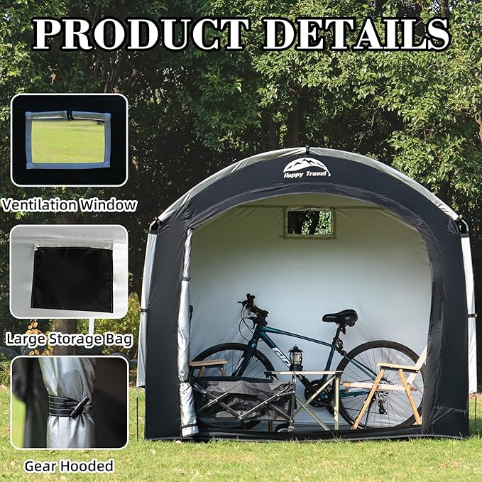 Happy Travel Bike Storage Tent Shed, Outdoor Waterproof Bicycle Covers Shelter with Window for 2/4/6/8 Bikes,Oversized Outside Portable Sheds for Lawn Mower,Garden Tools (Black)