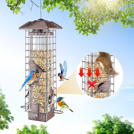 Squirrel Proof Bird Feeder for Outdoors Hanging, Gravity Protection Metal Wild Bird Feeder, 3LB Large Capacity, 4 Ports, Cardinal, Chickadee, Durable & Weatherproof, Ideal for Backyard