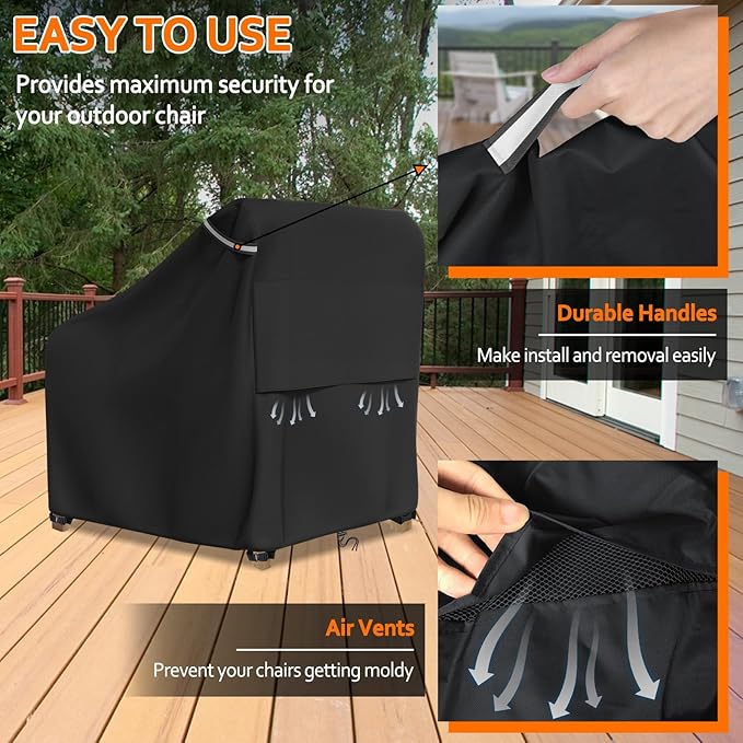 STARTWO Patio Outdoor Chair Covers, Outdoor Furniture Covers Waterproof adapter for Lawn Lounge Seat, Wicker, Swivel, Adirondack, Rocking Chairs, 1 Pack 32"L x 37" W x 36"H inch, Black