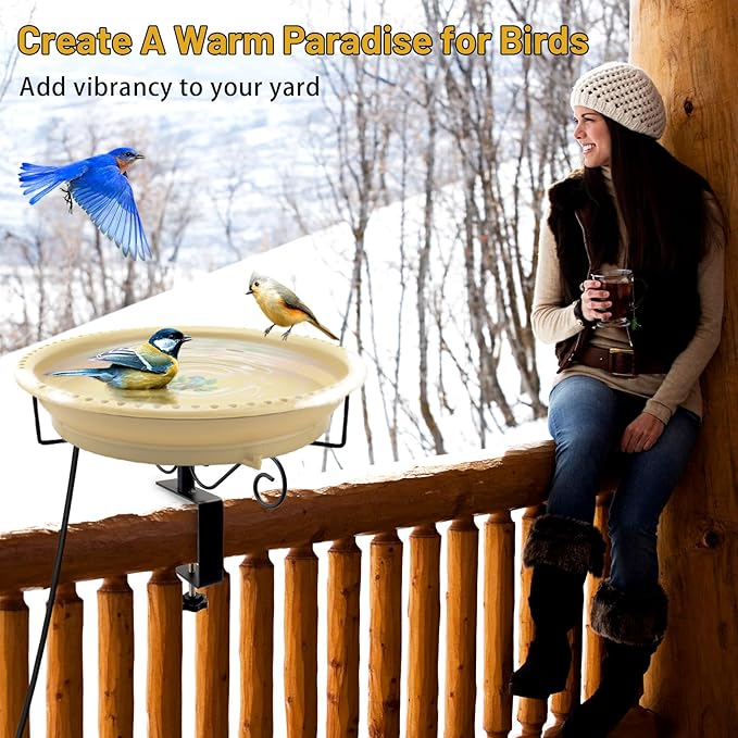 Lovppy Heated Bird Baths for Outdoors for Winter, 100W Heated Birdbath Water Heater with Thermostatically Controlled, Heated Bird Bath for Deck Railing Outside Garden Patio Yard (Khaki)