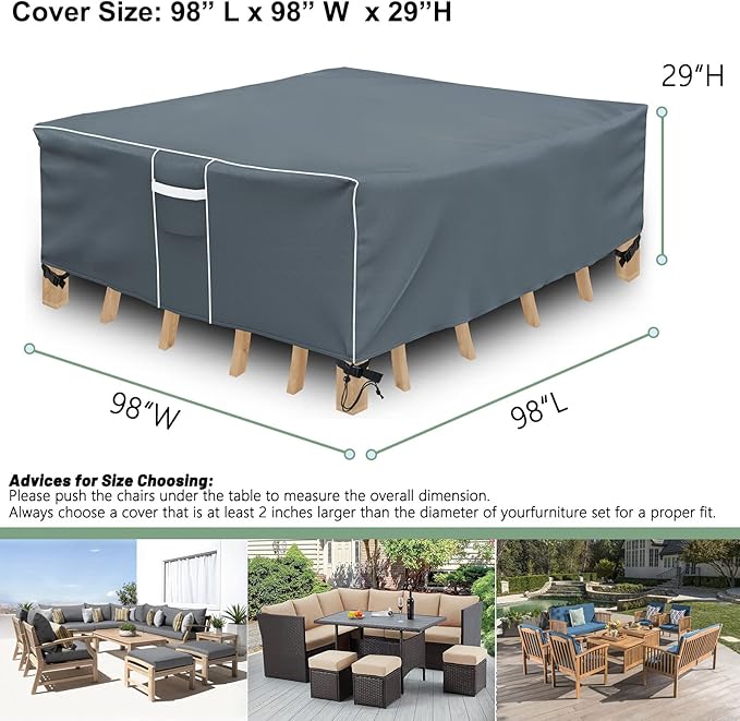 Gasadar Square Patio Furniture Covers, Waterproof Outdoor Furniture Cover for Outdoor Dining Table Set, 600D Heavy Duty, 98" L x 98" W x 29" H, Grey