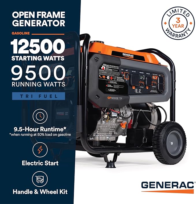 Generac 12,500/9,500-Watt Tri-Fuel Portable Generator - Electric Start - Gas, Propane or Natural Gas - Home Backup, Jobsite, or RV - Quiet Operation - Long Runtime - 49-State Compliant